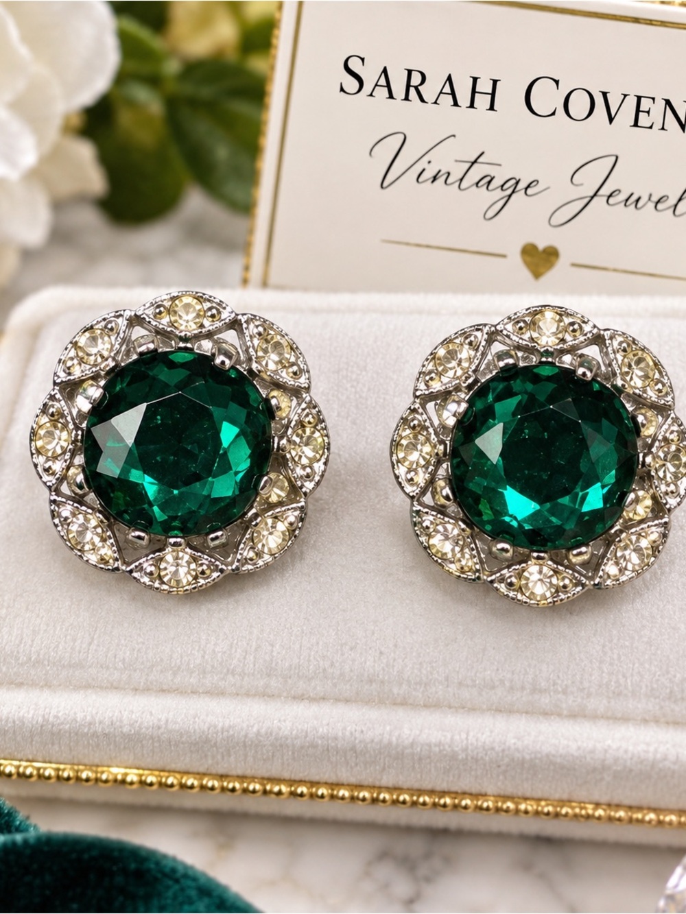 Sarah Coventry Deep Emerald Center Crystal Clip-On Earrings with Clear Halo